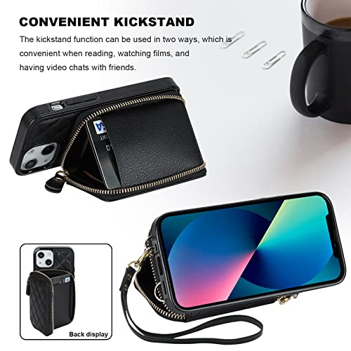 Bocasal Crossbody Wallet Case for iPhone 13 Mini, RFID Blocking PU Leather Zipper Handbag Purse Flip Cover, Kickstand Folio Case with Card Slots Holder Wrist Strap Lanyard 5G 5.4 Inch (Black)