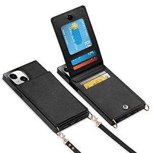 vofolen compatible with iphone 13 wallet case with credit card holder lanyard crossbody strap leather magnetic clasp kickstand heavy duty protective square flip cover for iphone 13 6.1 black