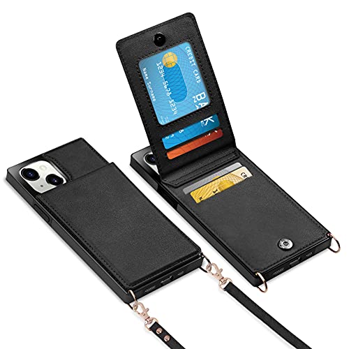 Vofolen Compatible with iPhone 13 Mini Case Wallet with Credit Card Holder Lanyard Crossbody Strap Leather Magnetic Clasp Kickstand Heavy Duty Protective Square Flip Cover for iPhone 13 Mini 5.4 Black