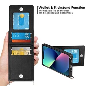 Vofolen Compatible with iPhone 13 Mini Case Wallet with Credit Card Holder Lanyard Crossbody Strap Leather Magnetic Clasp Kickstand Heavy Duty Protective Square Flip Cover for iPhone 13 Mini 5.4 Black