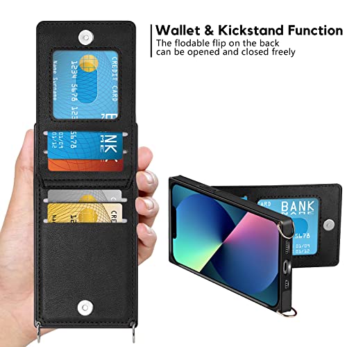 Vofolen Compatible with iPhone 13 Mini Case Wallet with Credit Card Holder Lanyard Crossbody Strap Leather Magnetic Clasp Kickstand Heavy Duty Protective Square Flip Cover for iPhone 13 Mini 5.4 Black