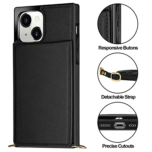 Vofolen Compatible with iPhone 13 Mini Case Wallet with Credit Card Holder Lanyard Crossbody Strap Leather Magnetic Clasp Kickstand Heavy Duty Protective Square Flip Cover for iPhone 13 Mini 5.4 Black