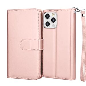 NJJEX Compatible with iPhone 13 Mini Case/iPhone 13 Mini Wallet Case 5.4" (2021), [9 Card Slots] PU Leather Credit Holder Folio Flip [Detachable] Kickstand Magnetic Phone Cover & Lanyard [Rose Gold]