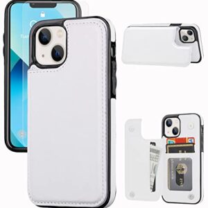 JOYAKI Wallet Case Compatible with iPhone 13,Slim Protective case with Card Holder,PU Leather Kickstand Card Slots Case with a Free Screen Protective Glass for iPhone 13(6.1")-White