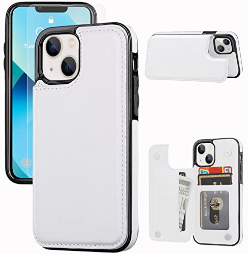 JOYAKI Wallet Case Compatible with iPhone 13,Slim Protective case with Card Holder,PU Leather Kickstand Card Slots Case with a Free Screen Protective Glass for iPhone 13(6.1")-White