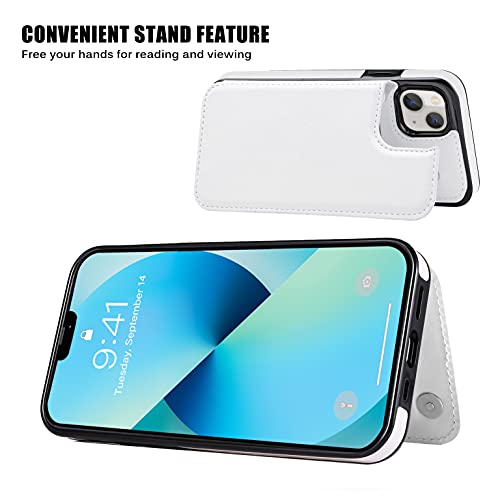 JOYAKI Wallet Case Compatible with iPhone 13,Slim Protective case with Card Holder,PU Leather Kickstand Card Slots Case with a Free Screen Protective Glass for iPhone 13(6.1")-White