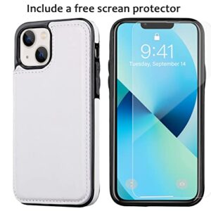 JOYAKI Wallet Case Compatible with iPhone 13,Slim Protective case with Card Holder,PU Leather Kickstand Card Slots Case with a Free Screen Protective Glass for iPhone 13(6.1")-White