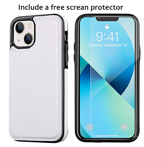 JOYAKI Wallet Case Compatible with iPhone 13,Slim Protective case with Card Holder,PU Leather Kickstand Card Slots Case with a Free Screen Protective Glass for iPhone 13(6.1")-White