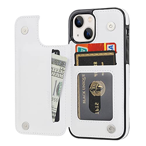 JOYAKI Wallet Case Compatible with iPhone 13,Slim Protective case with Card Holder,PU Leather Kickstand Card Slots Case with a Free Screen Protective Glass for iPhone 13(6.1")-White