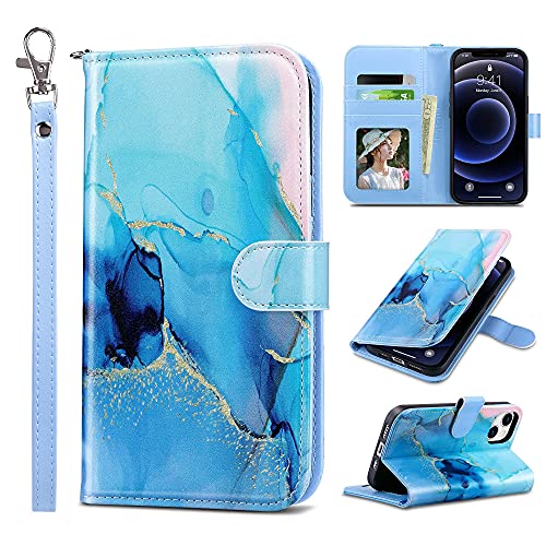 ULAK Compatible with iPhone 13 Wallet Case for Women, Premium PU Leather Flip Cover with Card Holder and Kickstand Feature Protective Phone Case Designed for iPhone 13 6.1 Inch, Blue Marble