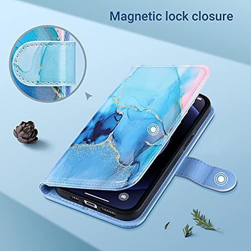 ULAK Compatible with iPhone 13 Wallet Case for Women, Premium PU Leather Flip Cover with Card Holder and Kickstand Feature Protective Phone Case Designed for iPhone 13 6.1 Inch, Blue Marble