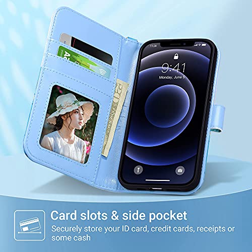 ULAK Compatible with iPhone 13 Wallet Case for Women, Premium PU Leather Flip Cover with Card Holder and Kickstand Feature Protective Phone Case Designed for iPhone 13 6.1 Inch, Blue Marble