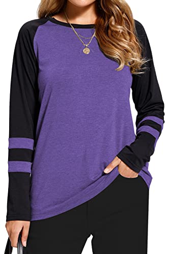 Heymiss Womens Shirts Long Sleeve Color Block Casual Work Out Tunic Tops Sexy Basic Oversized Tshirt Purple Black XXL