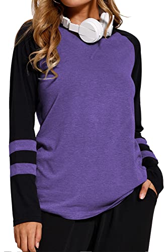 Heymiss Womens Shirts Long Sleeve Color Block Casual Work Out Tunic Tops Sexy Basic Oversized Tshirt Purple Black XXL