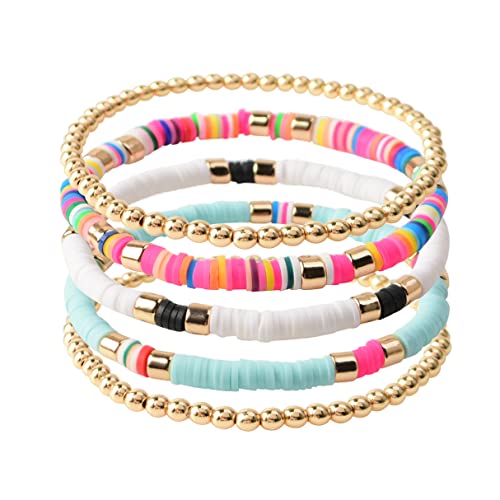 GOOJIDS Surfer Heishi Clay Bead Bracelets for Women Bohemian Stackable Evil Eye Vinyl Disc Beaded Stretch Bracelets Elastic Layering Friendship Bracelets Boho Jewelry (C-White 5pcs)