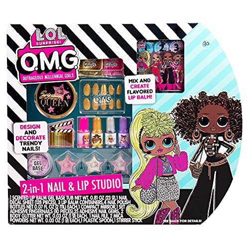 L.O.L. Surprise! O.M.G. 2-in-1 Lip & Nail Studio by Horizon Group USA, Double Feature Series, DIY Beauty Kit for Kids, Create 3 L.O.L. Surprise Lip Balms, Design & Decorate Trendy Nail Art