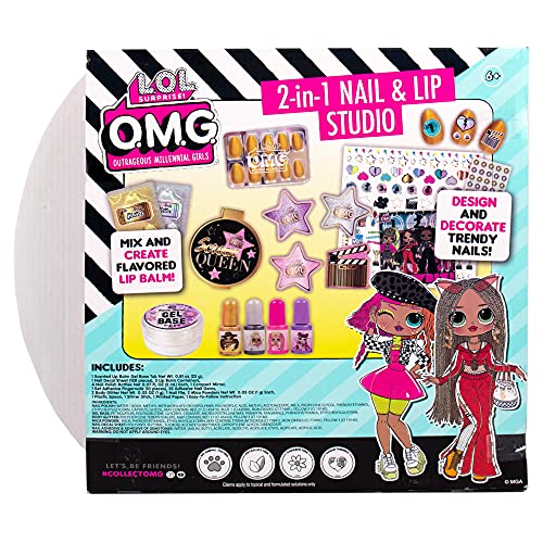 L.O.L. Surprise! O.M.G. 2-in-1 Lip & Nail Studio by Horizon Group USA, Double Feature Series, DIY Beauty Kit for Kids, Create 3 L.O.L. Surprise Lip Balms, Design & Decorate Trendy Nail Art