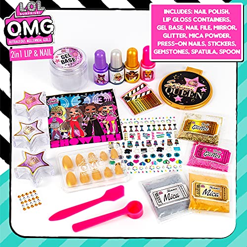 L.O.L. Surprise! O.M.G. 2-in-1 Lip & Nail Studio by Horizon Group USA, Double Feature Series, DIY Beauty Kit for Kids, Create 3 L.O.L. Surprise Lip Balms, Design & Decorate Trendy Nail Art