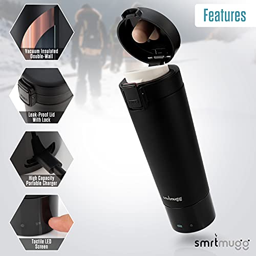 SMRTMUGG Heated Coffee Mug, All Day Battery Life, Battery Powered Travel Mug, Smart Mug, Great for Coffee and Tea, Fast Heating Technology, Portable Charger (Black 10 oz.)