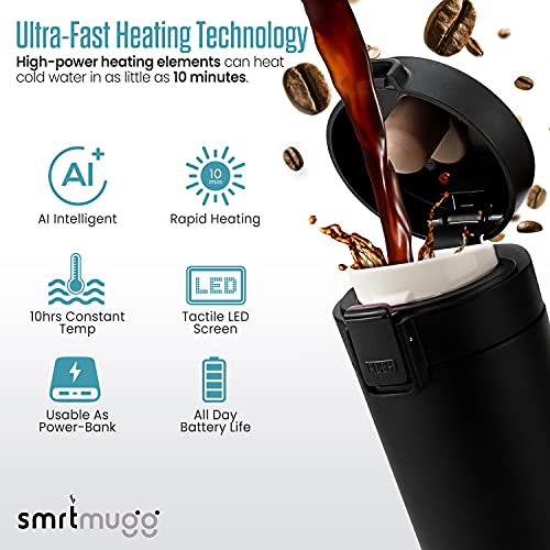 SMRTMUGG Heated Coffee Mug, All Day Battery Life, Battery Powered Travel Mug, Smart Mug, Great for Coffee and Tea, Fast Heating Technology, Portable Charger (Black 10 oz.)