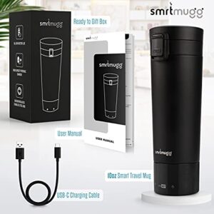 SMRTMUGG Heated Coffee Mug, All Day Battery Life, Battery Powered Travel Mug, Smart Mug, Great for Coffee and Tea, Fast Heating Technology, Portable Charger (Black 10 oz.)