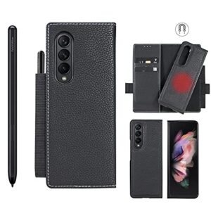 woluki galaxy z fold 3 case with s pen holder, genuine leather wallet card solt magnetic detachable 2-style 360° full protection stylus storage phone cover for samsung galaxy z fold 3 5g (black)