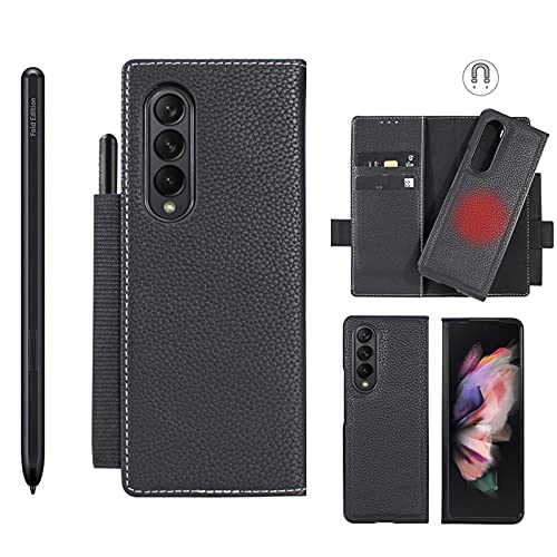 Woluki Galaxy Z Fold 3 Case with S Pen Holder, Genuine Leather Wallet Card Solt Magnetic Detachable 2-Style 360° Full Protection Stylus Storage Phone Cover for Samsung Galaxy Z Fold 3 5g (Black)