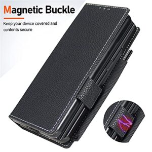 Woluki Galaxy Z Fold 3 Case with S Pen Holder, Genuine Leather Wallet Card Solt Magnetic Detachable 2-Style 360° Full Protection Stylus Storage Phone Cover for Samsung Galaxy Z Fold 3 5g (Black)