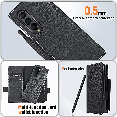 Woluki Galaxy Z Fold 3 Case with S Pen Holder, Genuine Leather Wallet Card Solt Magnetic Detachable 2-Style 360° Full Protection Stylus Storage Phone Cover for Samsung Galaxy Z Fold 3 5g (Black)