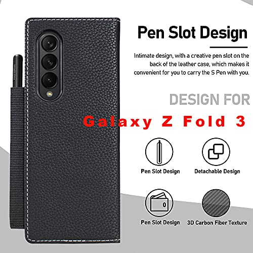 Woluki Galaxy Z Fold 3 Case with S Pen Holder, Genuine Leather Wallet Card Solt Magnetic Detachable 2-Style 360° Full Protection Stylus Storage Phone Cover for Samsung Galaxy Z Fold 3 5g (Black)