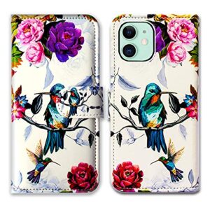 bcov iphone 13 mini case, hummingbird in flowers bird leather flip phone case wallet cover with card slot holder kickstand for iphone 13 mini
