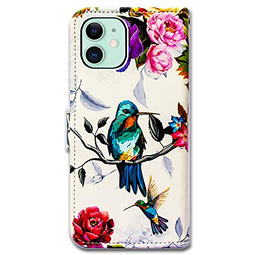 Bcov iPhone 13 Mini Case, Hummingbird in Flowers Bird Leather Flip Phone Case Wallet Cover with Card Slot Holder Kickstand for iPhone 13 Mini