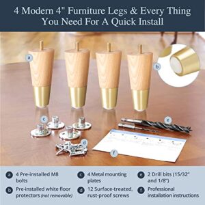 Ash Wood Furniture Legs With Gold Caps - Mid Century Legs For Sofa, Chair, Table, Dresser, Bed, Cabinet, Ottoman - Wooden Legs Are Easy To Install & Include Installation Hardware - Set of 4, 4 Inches