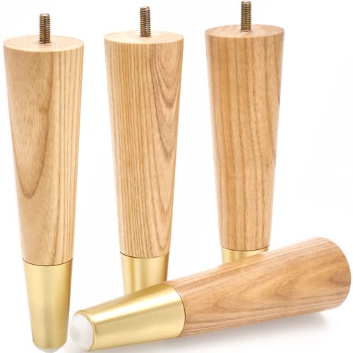 Ash Wood Furniture Legs With Gold Caps - Mid Century Legs For Sofa, Chair, Table, Dresser, Bed, Cabinet, Ottoman - Wooden Legs Are Easy To Install & Include Installation Hardware - Set of 4, 8 Inches