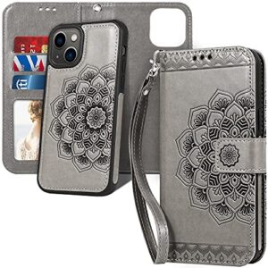 caseowl iphone 13 wallet case - magnetic detachable 2-in-1 mandala embossed leather with rfid blocking, card holder, hand strap (gray)