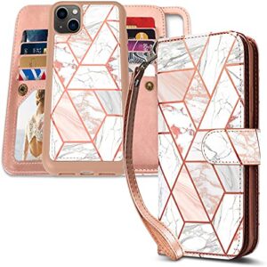 caseowl compatible with iphone 13 wallet cases, magnetic detachable wallet case for iphone 13, marble pattern pu leather folio phone case with card holder[rfid blocking], wrist strap for women, pink