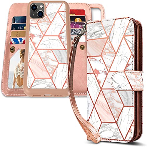 CASEOWL Compatible with iPhone 13 Wallet Cases, Magnetic Detachable Wallet Case for iPhone 13, Marble Pattern PU Leather Folio Phone Case with Card Holder[RFID Blocking], Wrist Strap for Women, Pink