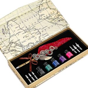 nc feather calligraphy set, quill pen ink set includes 5 bottles of ink and 6 replaceable stainless steel nibs, calligraphy pen for writing, writing letters, signing invitations etc (red)