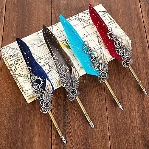 NC Feather Calligraphy Set, Quill Pen Ink Set Includes 5 Bottles of Ink and 6 Replaceable Stainless Steel Nibs, Calligraphy Pen for Writing, Writing Letters, Signing Invitations Etc (Red)