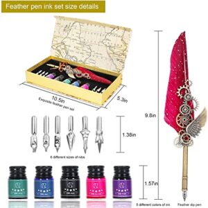 NC Feather Calligraphy Set, Quill Pen Ink Set Includes 5 Bottles of Ink and 6 Replaceable Stainless Steel Nibs, Calligraphy Pen for Writing, Writing Letters, Signing Invitations Etc (Red)