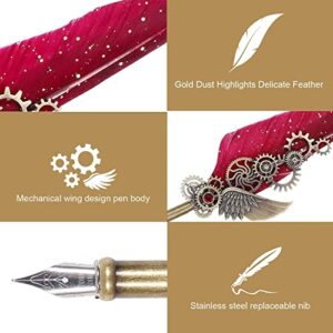 NC Feather Calligraphy Set, Quill Pen Ink Set Includes 5 Bottles of Ink and 6 Replaceable Stainless Steel Nibs, Calligraphy Pen for Writing, Writing Letters, Signing Invitations Etc (Red)