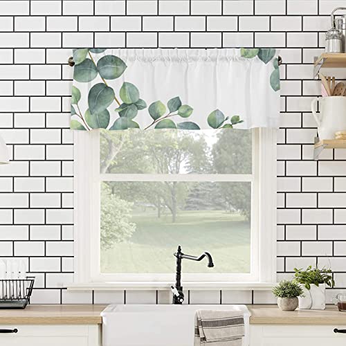 YOKOU Curtain Valance, Natural Green Leaves Watercolor Eucalyptus Leaf White Short Rod Pocket Window Treatment for Living Room, Bedroom, Kitchen, Bathroom, 1 Panel, 54" W x 18" L