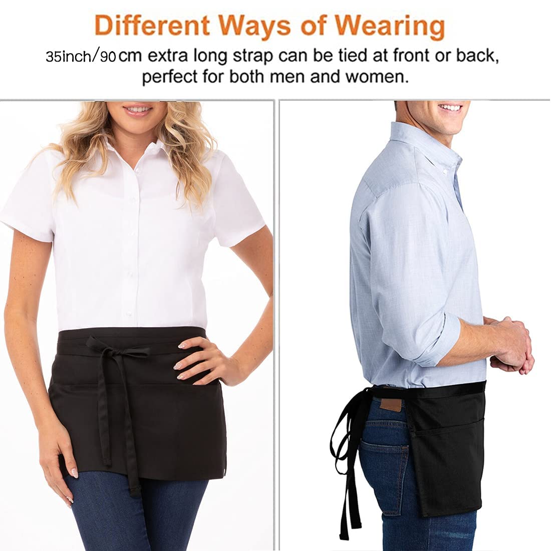 Lchkrep Waist Apron with 3 Pockets - Black Waitress Waiter Short Aprons, Water Resistant Added Long Waist Strap Reinforced Seams Half Apron for Women Men (1 PACK)