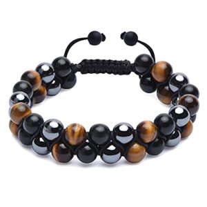 haskare triple protection bracelet, genuine tigers eye black obsidian and hematite 8mm beads bracelet for men women, crystal jewelry stone bracelets bring luck and prosperity and happiness