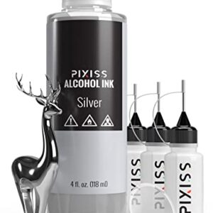 Silver Alcohol Ink for Resin - Metallic Alcohol Ink Silver Color 4-Ounce for Epoxy Resin, Tumblers, Resin Art, Alcohol Ink Paper, Silver Pigment Ink, 3 Pixiss Needle Tip Applicator Bottles and Funnel