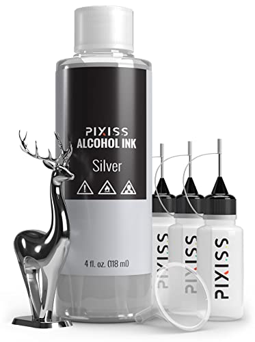 Silver Alcohol Ink for Resin - Metallic Alcohol Ink Silver Color 4-Ounce for Epoxy Resin, Tumblers, Resin Art, Alcohol Ink Paper, Silver Pigment Ink, 3 Pixiss Needle Tip Applicator Bottles and Funnel