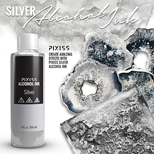 Silver Alcohol Ink for Resin - Metallic Alcohol Ink Silver Color 4-Ounce for Epoxy Resin, Tumblers, Resin Art, Alcohol Ink Paper, Silver Pigment Ink, 3 Pixiss Needle Tip Applicator Bottles and Funnel