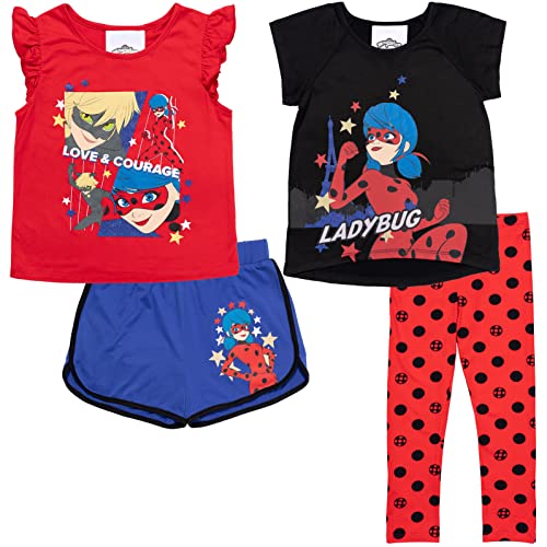 Miraculous Ladybug Cat Noir Big Girls 4 Piece Outfit Set: T-Shirt Tank Top Legging Shorts Black/Red 14-16