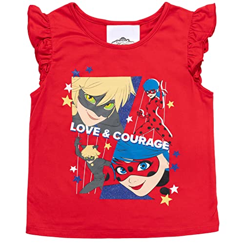 Miraculous Ladybug Cat Noir Big Girls 4 Piece Outfit Set: T-Shirt Tank Top Legging Shorts Black/Red 14-16