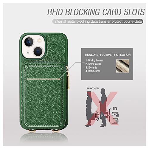 ZVE iPhone 13 Wallet Case Crossbody, iPhone 13 Zipper Phone Case with RFID Blocking Card Holder Wrist Strap Purse Gift for Women Compatible with iPhone 13(6.1 inch)- Dark Green
